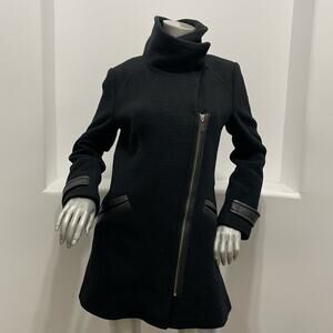 Cole Haan  Zippered Wool Jacket Coat Black Leather Trim Size 8